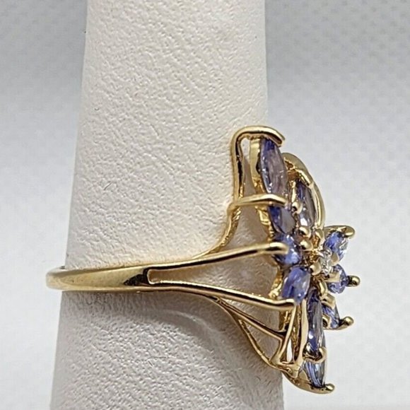 14K YELLOW GOLD TANZANITE & DIAMOND FLOWER RING  SIZE 5.5 - Picture 2 of 5